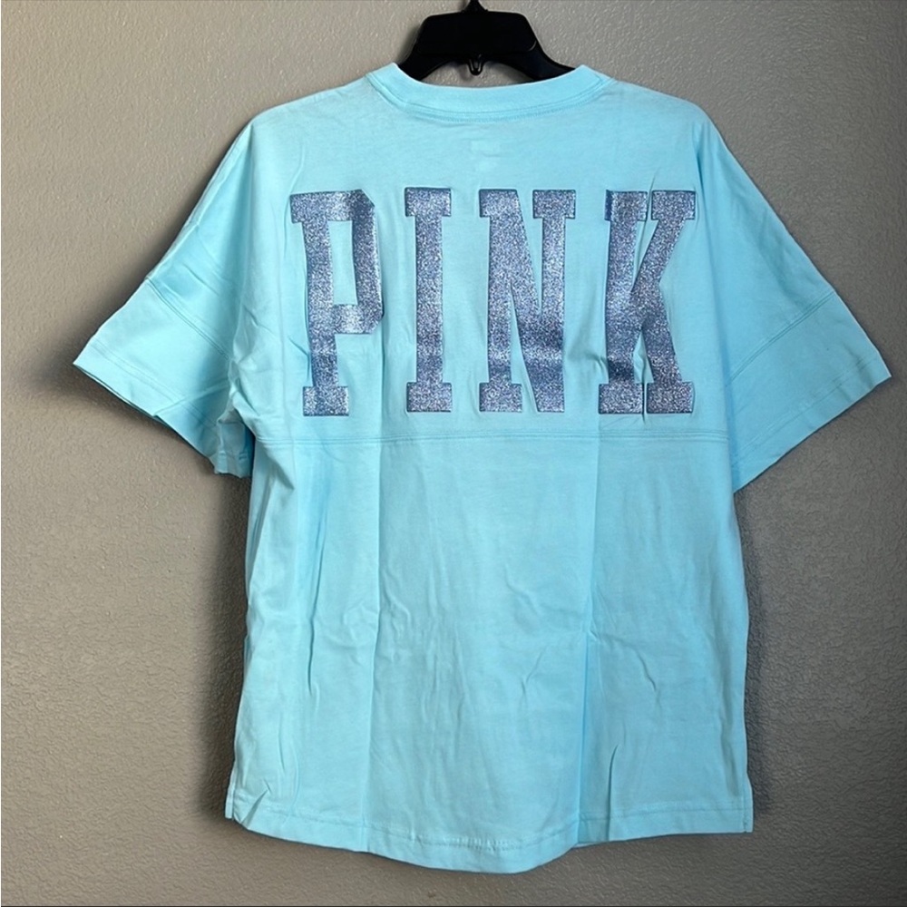 VS Pink baby blue bling shine large logo oversized tee